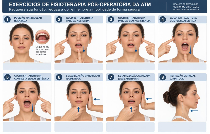 Sequência ilustrativa de oito exercícios de fisioterapia da ATM: posição mandibular relaxada, exercícios Goldfish de abertura parcial e completa (assistida e sem assistência), estabilização mandibular isométrica e retração cervical