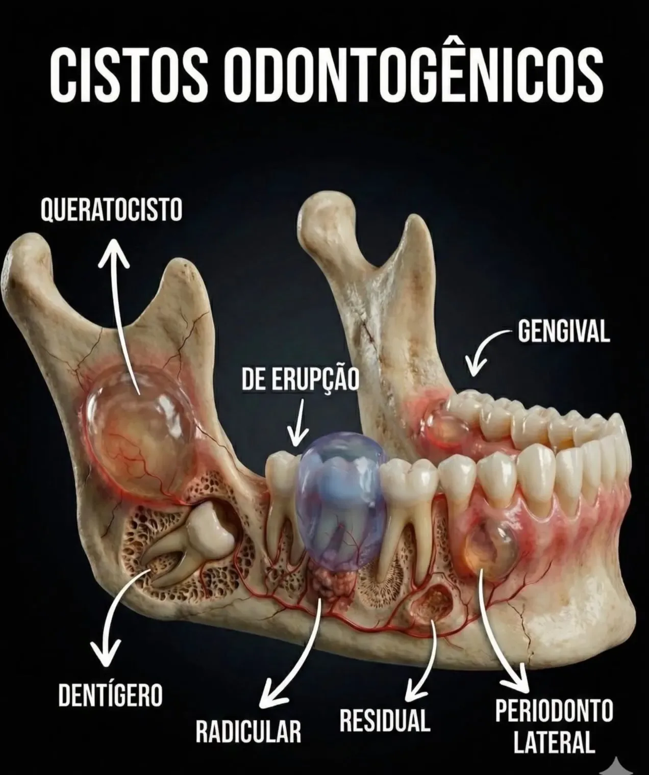 Ilustração de mandíbula com a localização de diferentes tipos de cistos odontogênicos