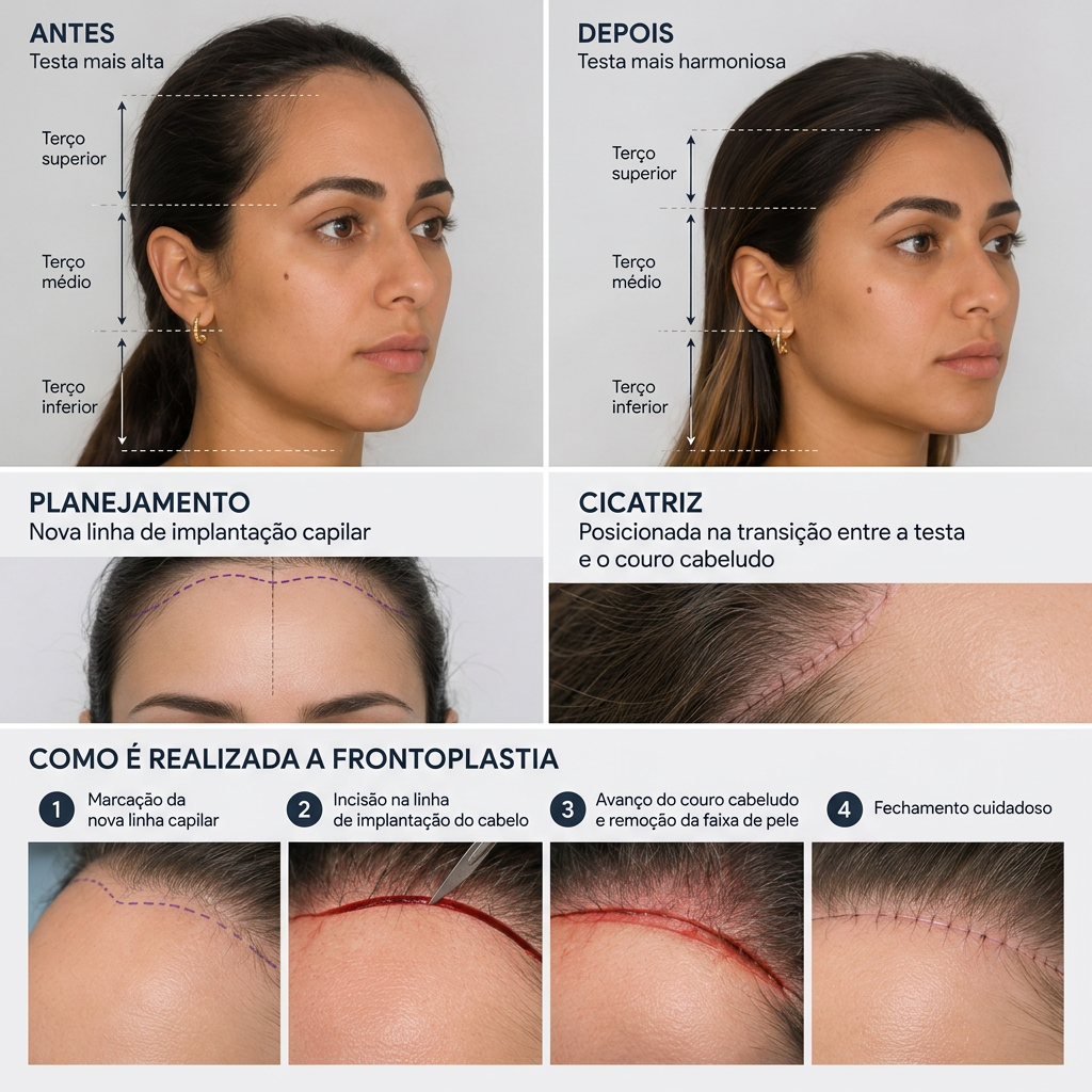 Infográfico educativo de frontoplastia: proporção dos terços da face, planejamento da nova linha de implantação capilar, as quatro etapas cirúrgicas e o posicionamento da cicatriz na transição entre a testa e o couro cabeludo