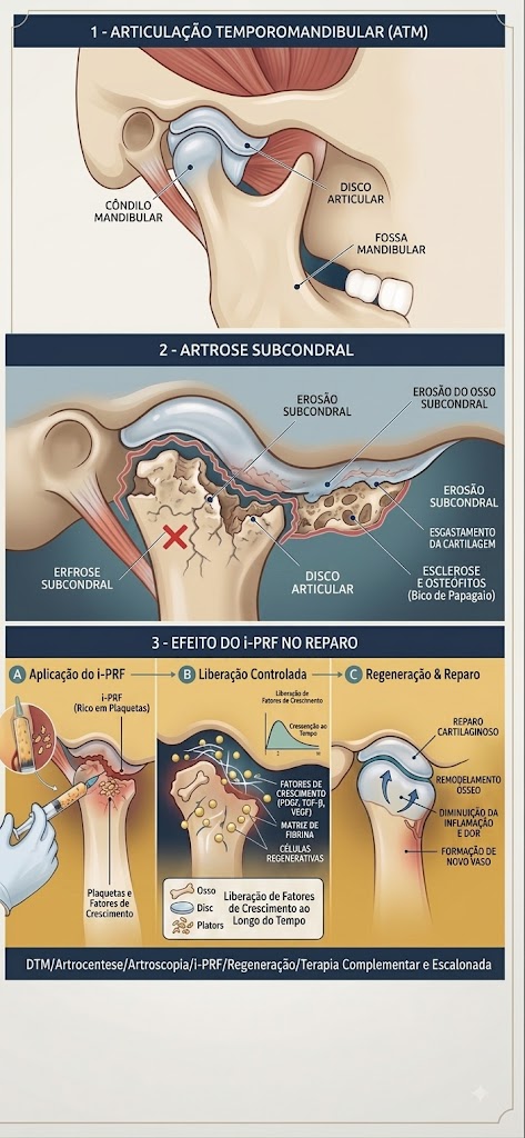 Infográfico médico em três painéis: anatomia normal da ATM, artrose subcondral com erosão e osteófitos, e efeito do i-PRF na regeneração articular