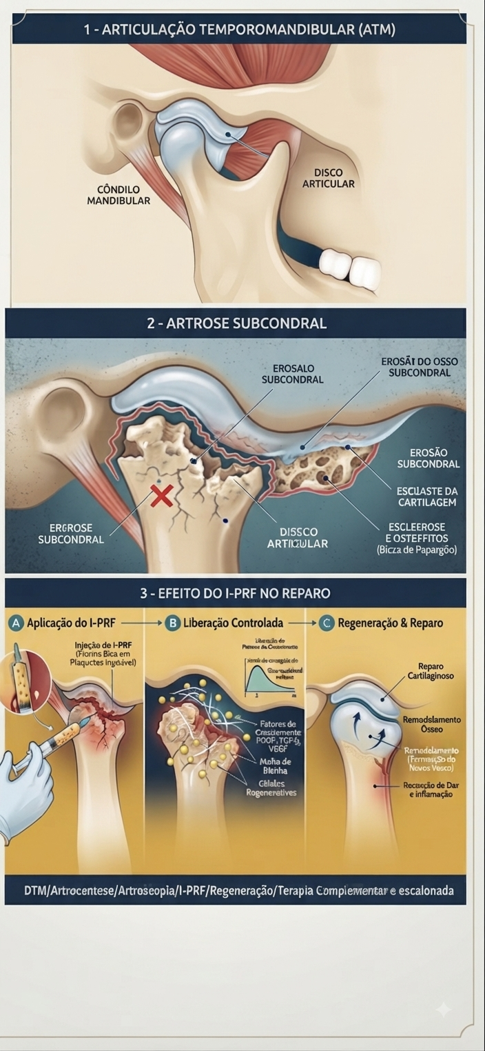 Infográfico em três painéis: anatomia da ATM, artrose subcondral com osteófitos e efeito do i-PRF no reparo articular
