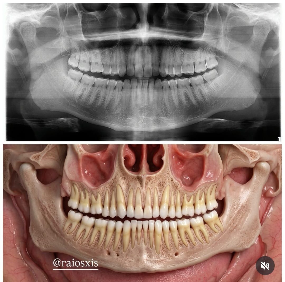 Radiografia panorâmica dos maxilares comparada a uma ilustração anatômica das arcadas e dos terceiros molares