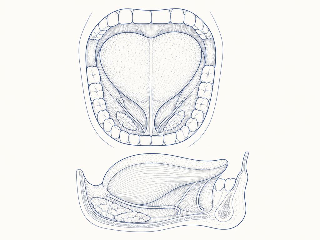 Ilustração anatômica da língua e do assoalho da boca em traços lineares