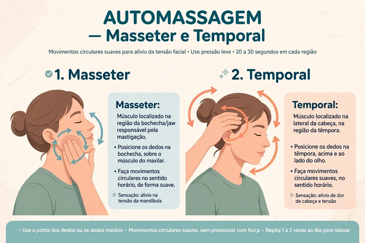 Ilustração da automassagem com setas de movimento circular no masseter, na bochecha, e no temporal, na têmpora