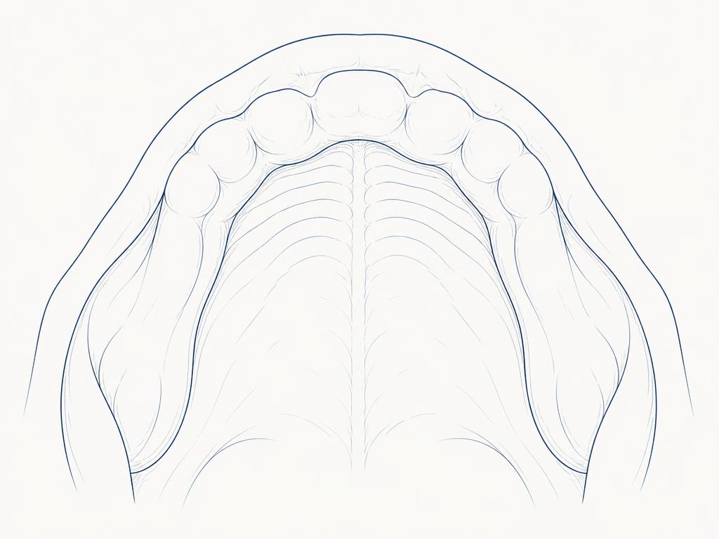 Ilustração anatômica da gengiva superior e do palato em traços lineares