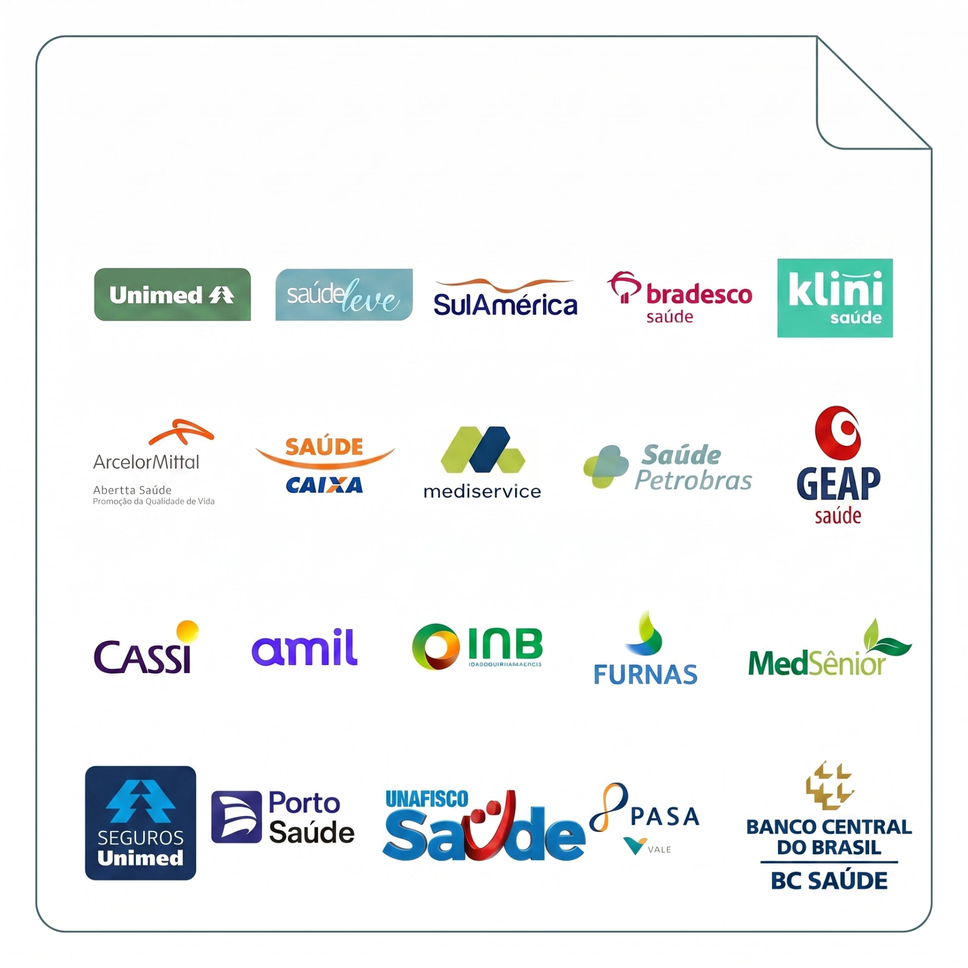 Logotipos dos convênios aceitos: Unimed, Saúde Leve, SulAmérica, Bradesco Saúde, Klini, ArcelorMittal Abertta Saúde, Saúde Caixa, Mediservice, Saúde Petrobras, GEAP, Cassi, Amil, INB, Furnas, MedSênior, Seguros Unimed, Porto Saúde, Unafisco Saúde, PASA Vale e BC Saúde