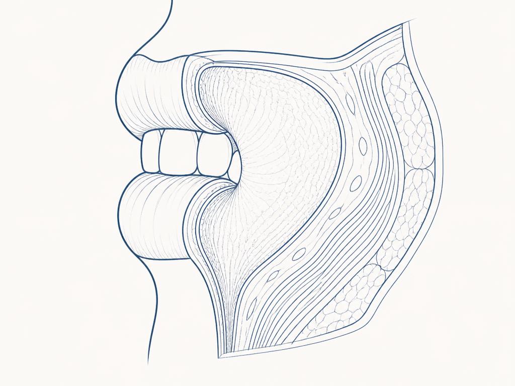 Ilustração anatômica em corte dos lábios e da mucosa da bochecha