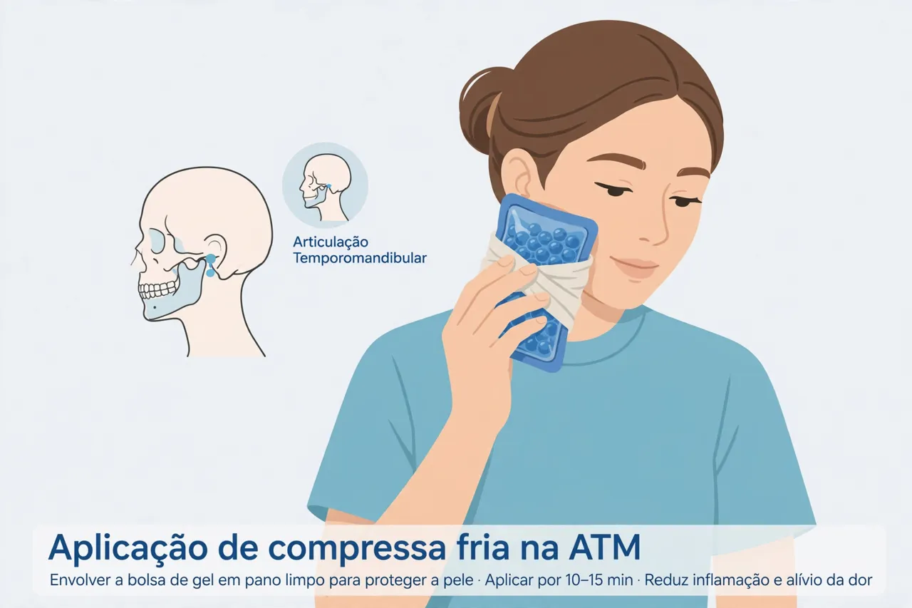 Ilustração de mulher aplicando bolsa de gel fria envolvida em pano sobre a articulação temporomandibular