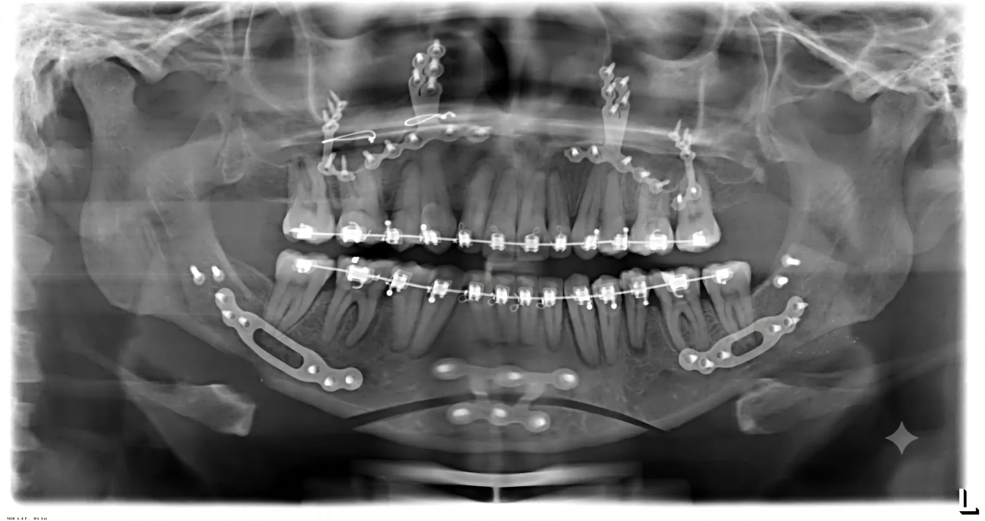 Radiografia panorâmica pós-operatória de cirurgia ortognática bimaxilar, mostrando fixação interna rígida com miniplacas e parafusos em maxila e mandíbula.