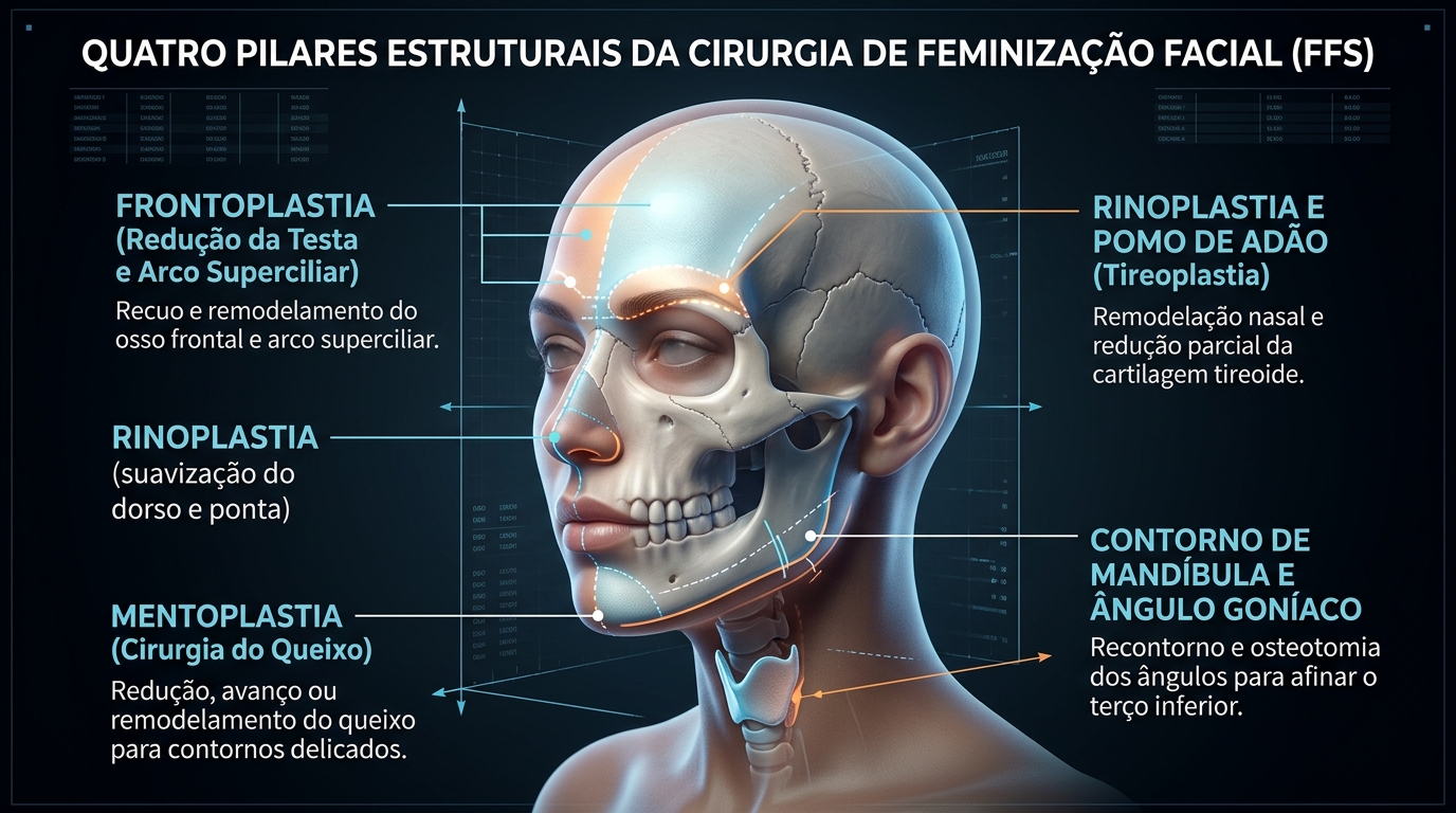Infográfico dos quatro pilares estruturais da feminização facial: frontoplastia, rinoplastia e tireoplastia, mentoplastia e contorno de mandíbula
