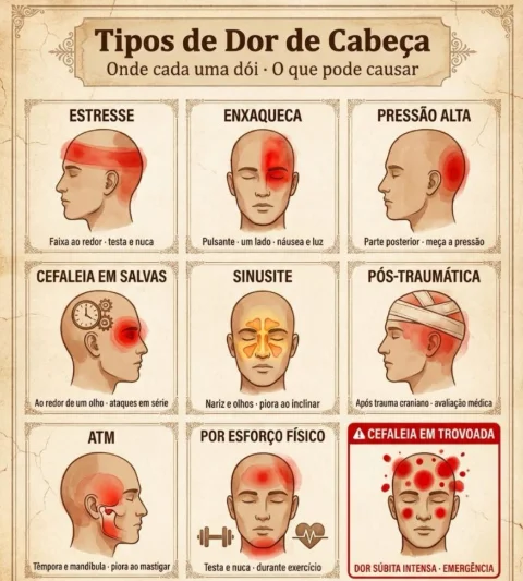 Infográfico com tipos de dor de cabeça: estresse, enxaqueca, pressão alta, cefaleia em salvas, sinusite, pós-traumática, ATM, por esforço físico e cefaleia em trovoada