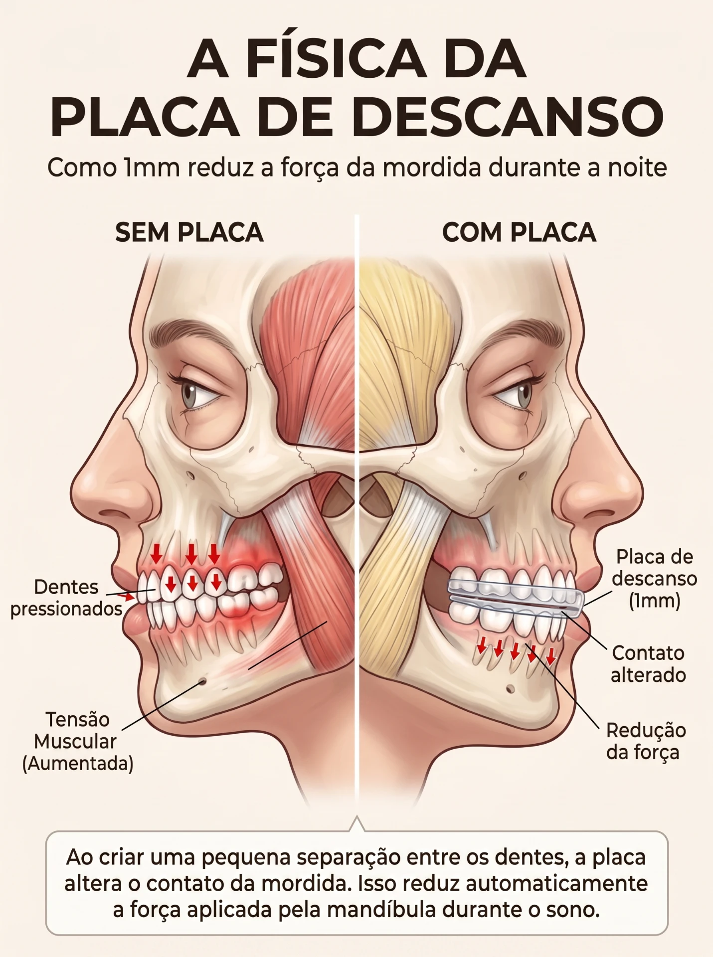 Ilustração comparando a musculatura mastigatória sem placa e com placa de descanso de 1 mm, mostrando a redução da força da mordida