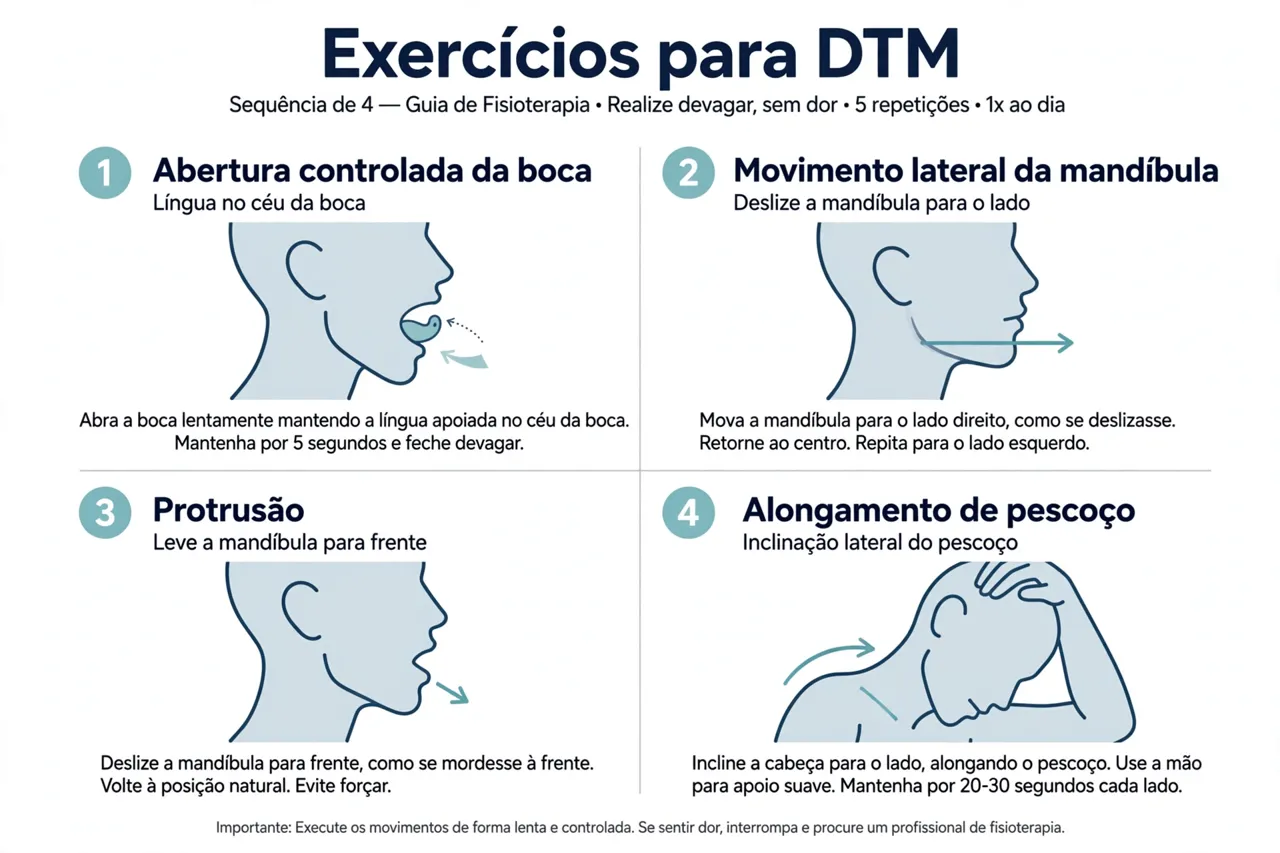 Ilustração dos 4 exercícios para DTM: abertura controlada da boca, movimento lateral da mandíbula, protrusão e alongamento do pescoço