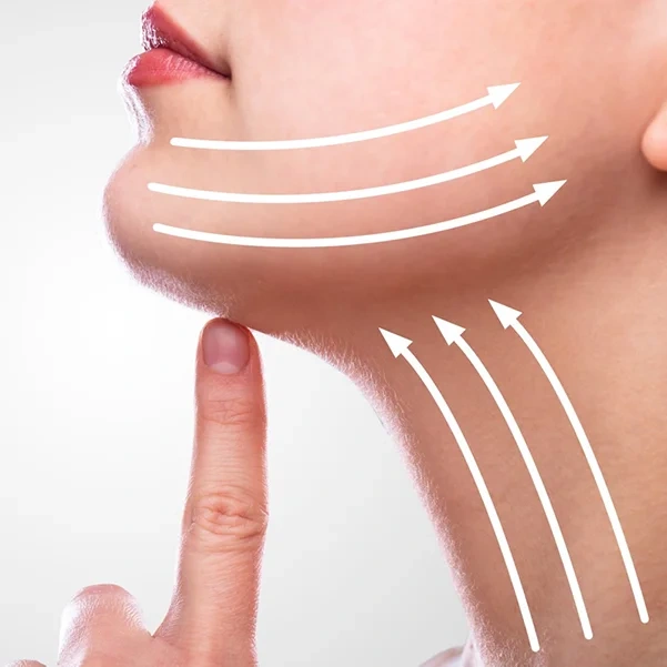 Ilustração estilizada do contorno mandibular e do mento, destacando os pontos de referência da harmonização do terço inferior da face
