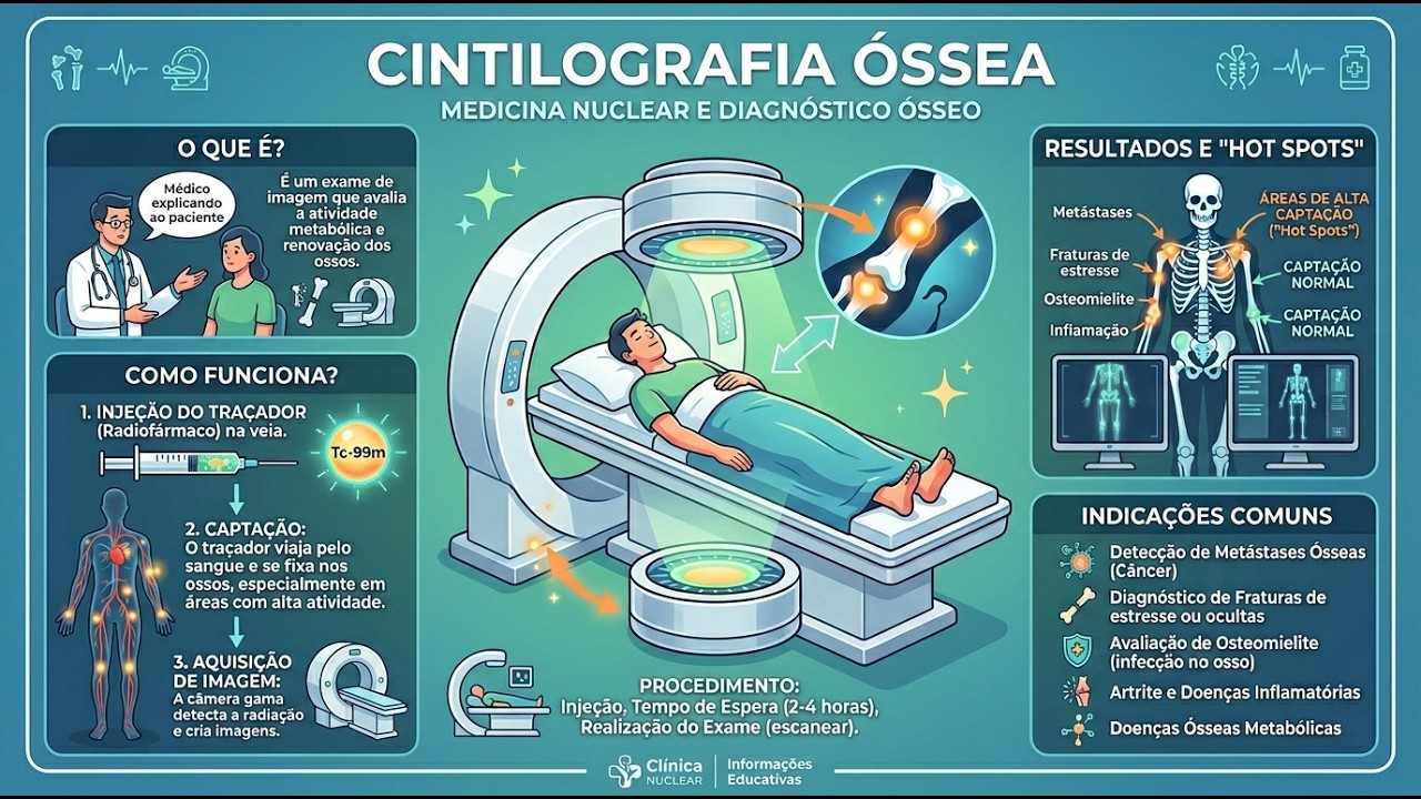 Infográfico explicando a cintilografia óssea: injeção do traçador, captação pelos ossos e aquisição das imagens pela câmera gama