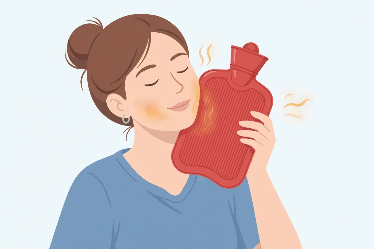 Ilustração de mulher relaxada aplicando bolsa de água quente na lateral do rosto