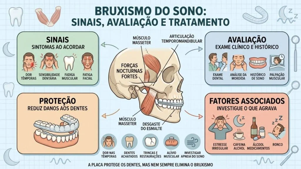 Infográfico sobre bruxismo do sono: sinais ao acordar, avaliação clínica, proteção com placa e fatores associados como estresse, cafeína, álcool e ronco