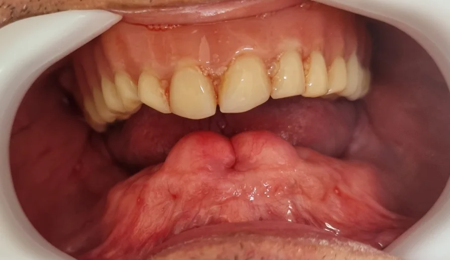Dobras de tecido gengival aumentado na região anterior da mandíbula sem dentes