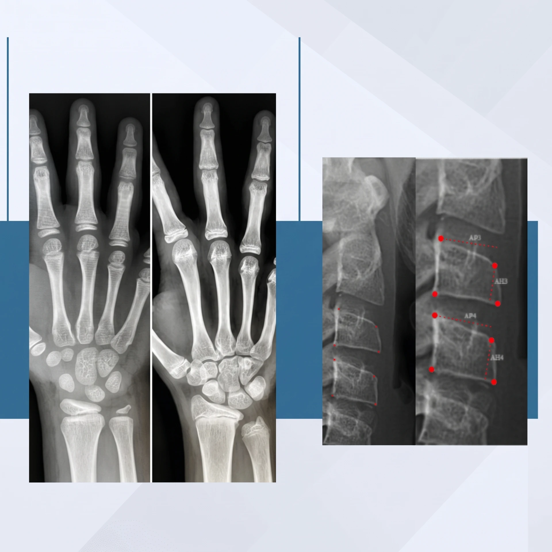 Radiografias de mão e punho e recorte de vértebras cervicais com marcações usadas na avaliação da maturação esquelética.